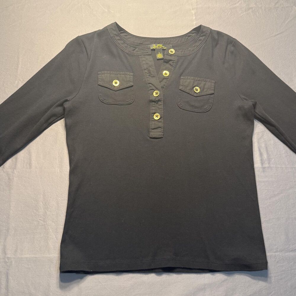Lauren Ralph Lauren Shirt Womens Small Black Henley Pocket Button Cotton Top